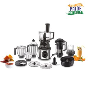 prestige endura pro 1000w multi functional mixer grinder with ball bearing technology|6 jars with food processing attachments |14 different functionalities|black & silver 1000 watts