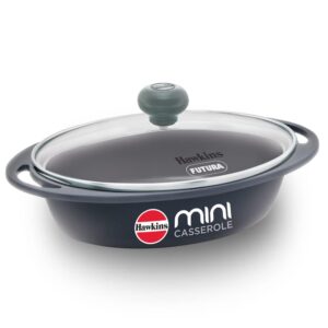 hawkins 0.75 litre mini casserole with glass lid, oval shaped die cast pan for cooking, reheating, serving and storing, grey (dcg75g)