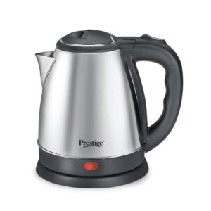 prestige 1.5 litre pkoss stainless steel electric kettle | 1350 watts| elegant design | cool touch handle and lid | automatic cut off and single touch lid locking. | silver