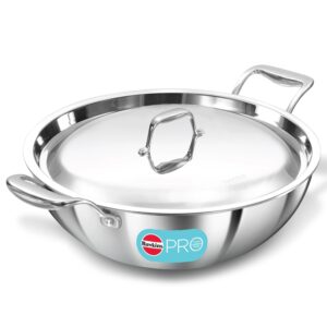 hawkins pro 6 litre deep fry pan, triply stainless steel kadhai with stainless steel handles and stainless steel lid, silver (psk60s)