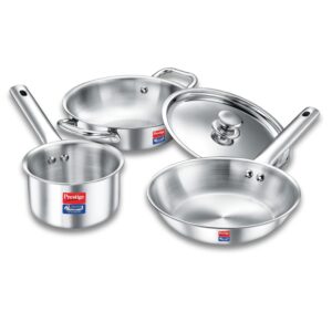 prestige triply 4 pc cookware set | triply splendid | fry pan 22cm/1.9l | kadai 22cm/2.5l | sauce pan 14cm/1.3l | ss lid 24cm | gas & induction compatible | even heat distribution | 15y warranty | isi